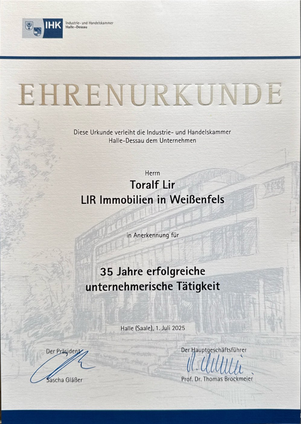 IHK-Ehrenurkunde für 35 Jahre erfolgreiche unternehmerische Tätigkeit