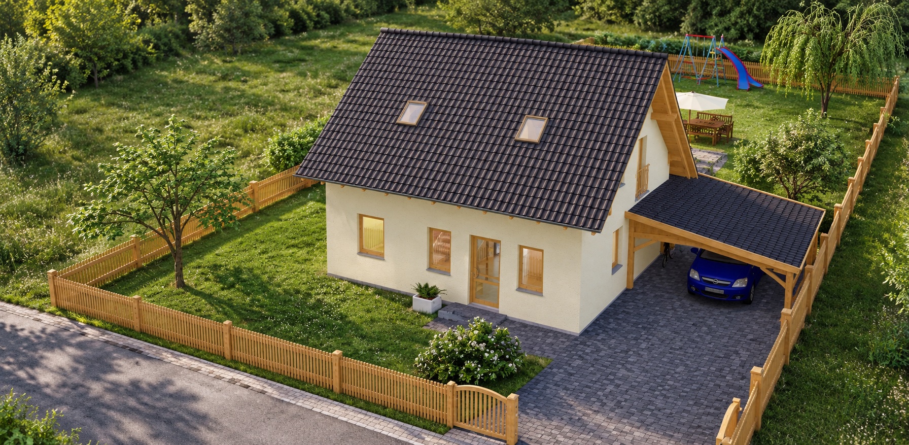 Einfamilienhaus EIBY 117 – KI-Visualisierung – Vogelperspektive – Bild 3