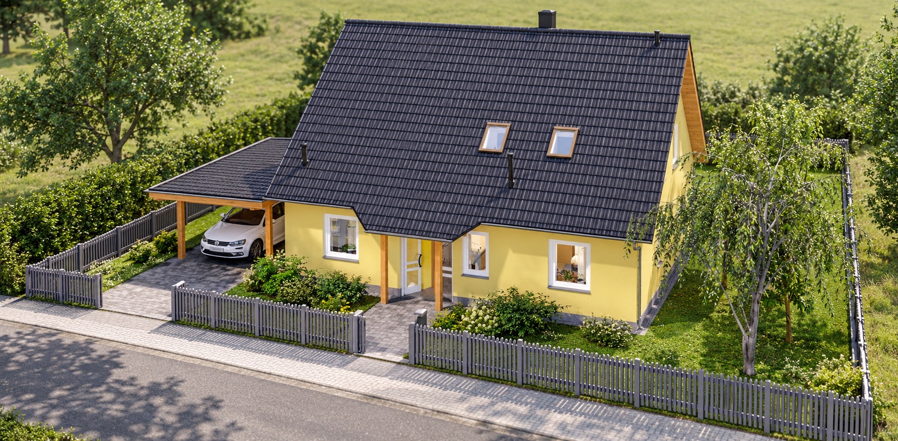 Einfamilienhaus EIDANGER 139 – KI-Visualisierung – Vogelperspektive – Bild 3